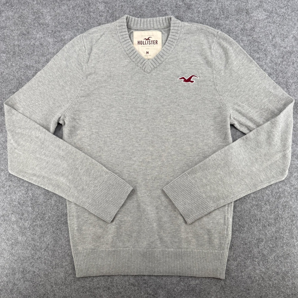 Y2K Hollister Sweater Mens M V-Neck Gray Embroidered Logo Cotton Wool Blend EUC